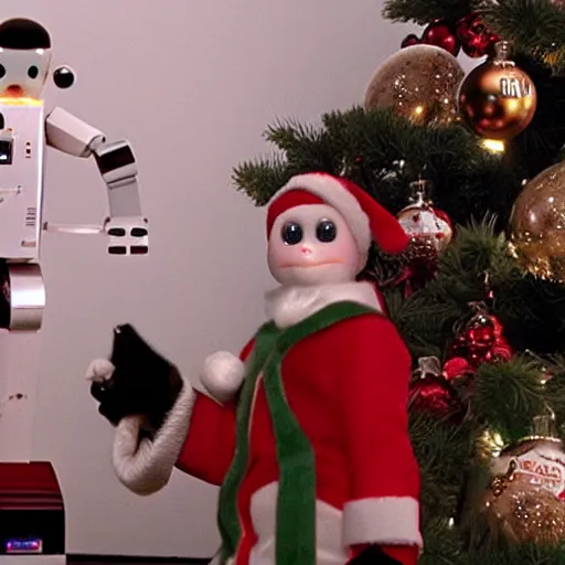Image similar to capuchin monkey putting christmas tree ornament on christmas tree, standing next to humanoid robot, living room, 2 0 0 6 youtube video