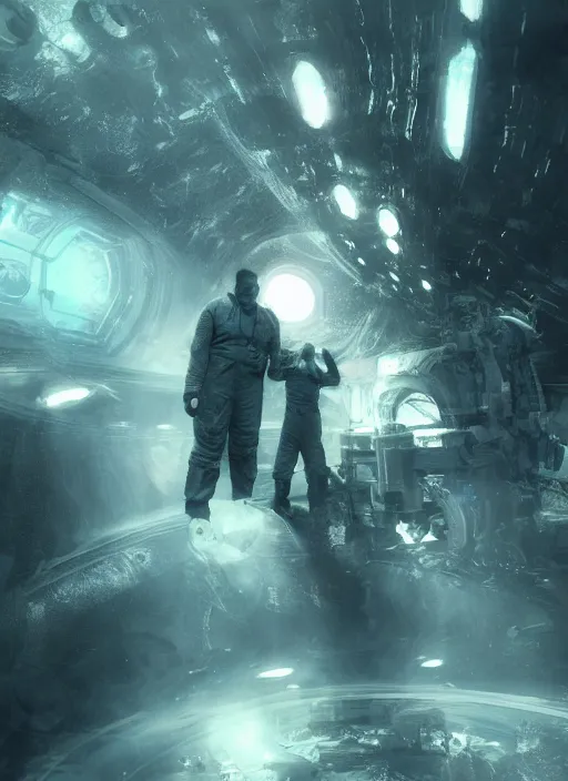 Image similar to concept art by craig mullins infrared complex and hyperdetailed technical astronauts hugging in futuristic dark and empty spaceship underwater. reflection and dispersion materials. rays and dispersion of light. volumetric light. 5 0 mm, f / 3 2. noise film photo. flash photography. unreal engine 4, octane render. interstellar movie art