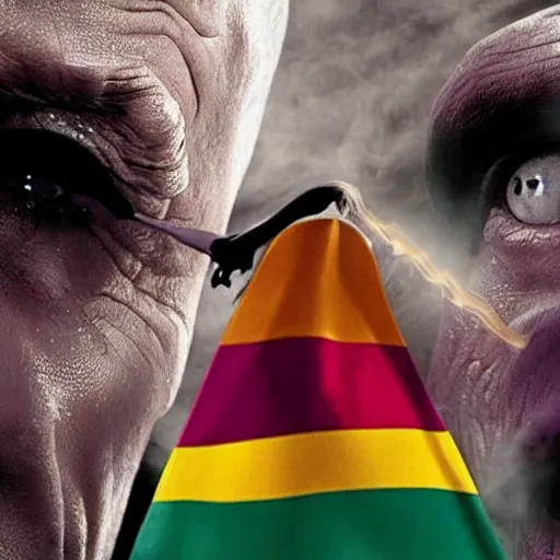 Image similar to harry potter with voldemort, pride flag in background