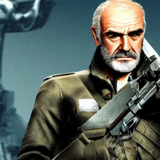 Image similar to sean connery as big boss, white hair, eye patch dim lighting