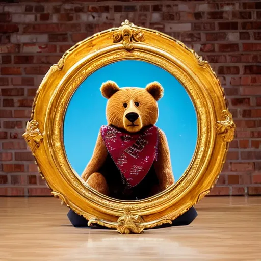 Prompt: a photo in a circular ornate golden frame, of a brown and red college mascot bear wearing blue jeans sitting on the bleachers inside the gym,