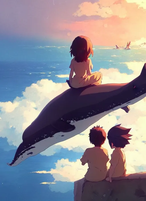 Image similar to boy and girl watching whales on sky, illustration concept art anime key visual trending pixiv fanbox by wlop and greg rutkowski and makoto shinkai and studio ghibli