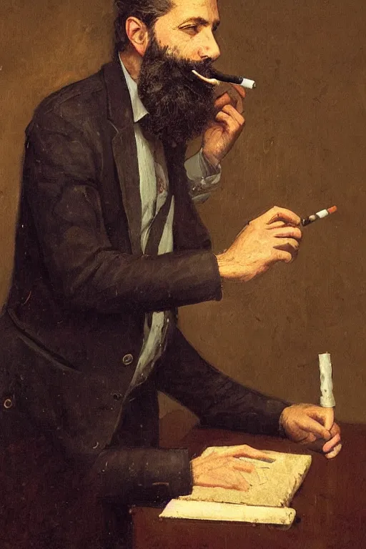 Image similar to portrait of a middle - aged writer with a beard, he is smoking a cigarette, style of greg rutkowski