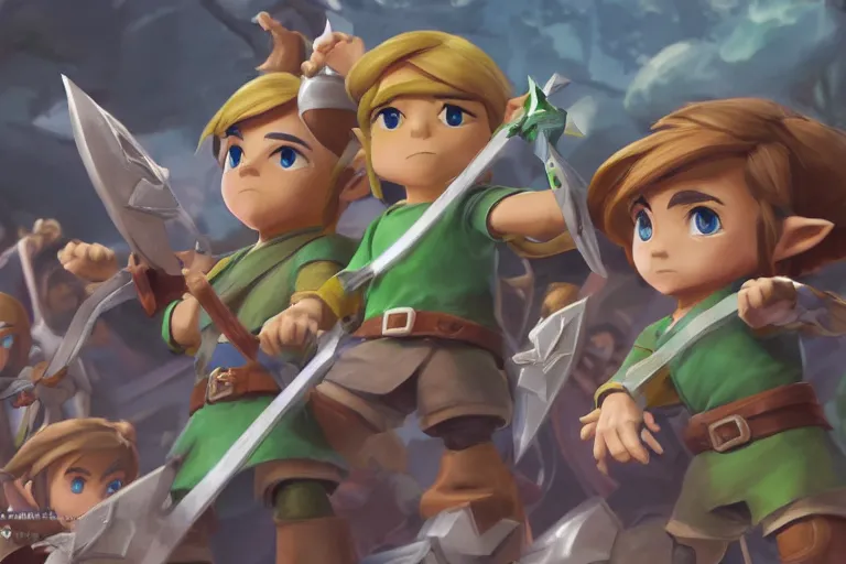 Image similar to surprised Link points at toon Link which points at young Link, all standing in a circle, made by Stanley Artgerm Lau, WLOP, Rossdraws, ArtStation, CGSociety, concept art, cgsociety, octane render, trending on artstation, artstationHD, artstationHQ, unreal engine, 4k, 8k,