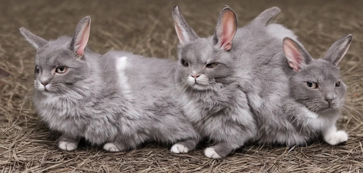 Image similar to cat - rabbit hybrid, a cross between a cat and a rabbit, cute, photograph 3 5 mm, f 2. 0, amazing lighting