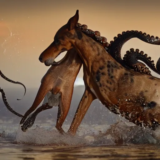 Image similar to National Geographic photo of horse full of octopus being eaten by African hunting dogs