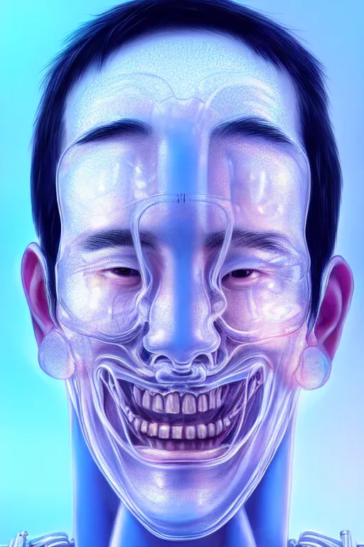 Prompt: hyperrealistic close-up translucent intricate exoskeleton!! smiling chinese man covered highly detailed concept art eric zener elson peter cinematic side soft blue light high angle hd 8k sharp shallow depth of field