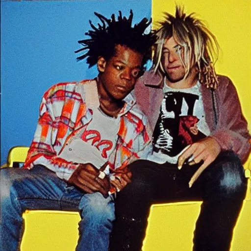 Prompt: photo of basquiat and kurt cobain in basquiat ’ s studio, photorealistic,