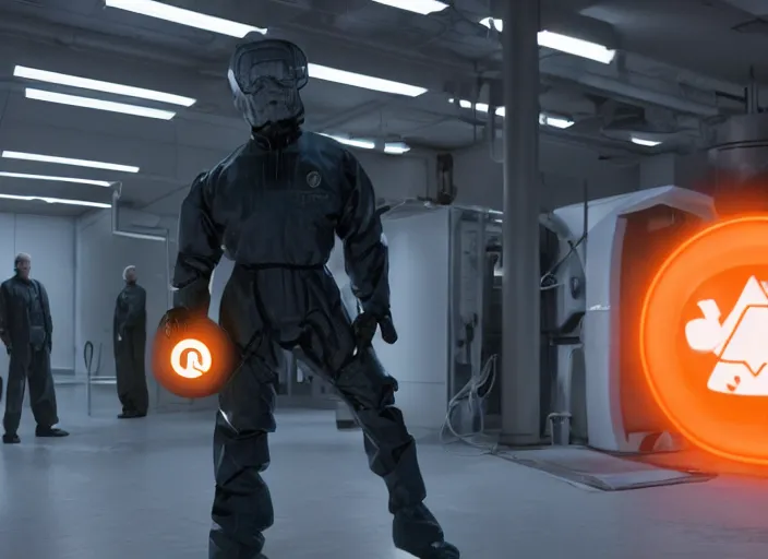 Image similar to film still of Walter White as Gordan Freeman in an underground lab facility wearing a black HEV suit with an orange lambda logo in front with a glowing blue portal in the background in the Half Life Movie, 4k