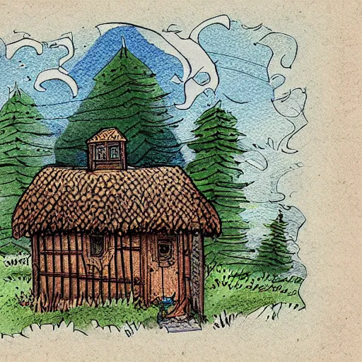 Image similar to a colored ink illustration of a humble cottage, drawn on white parchment paper, vibe, atmosphere, detailed, muted colors, by greg rutowski and ryan berkley