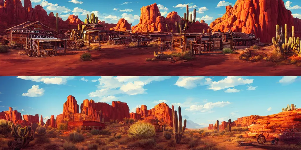 Image similar to a western saloon in the middle of the desert, blue sky and cirrus clouds in background, wide angle by ross tran and makoto shinkai and dan mumford, oasis, cactus, big red rocks, tumbleweeds, pulp sci - fi illustration, very detailed, 4 k horizontal wallpaper,