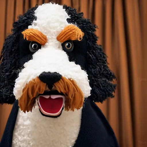 Image similar to a closeup photorealistic photograph of a cute smiling knitted bernedoodle judge dog dressed in a black gown, presiding over the courthouse. indoors, professional capture, well lit shot. this 4 k hd image is trending on artstation, featured on behance, well - rendered, extra crisp, features intricate detail, epic composition and the style of unreal engine.