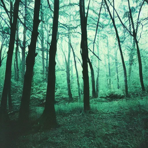 Prompt: photo of a tree on a forest landscape, disposable camera,