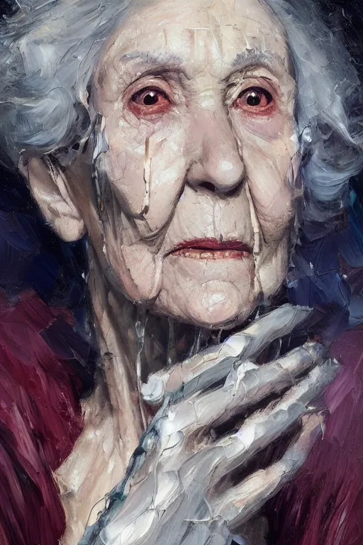 Image similar to palette knife oil painting portrait of ariadne, a mysterious spiritual guide who is a chain smoking old lady in an ashen trench coat. ghost. extreme detail, any racial background, artstation trending, artgerm, deviant art, octane, substance, art history 8 k