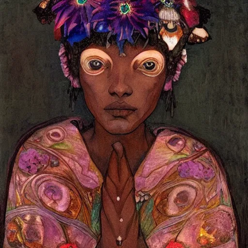 Image similar to the bone crown, by Annie Swynnerton and Nicholas Roerich, dark skin, elaborate costume, flowers, iridescent beetles, rich color, dramatic cinematic lighting, smooth, sharp focus, extremely detailed