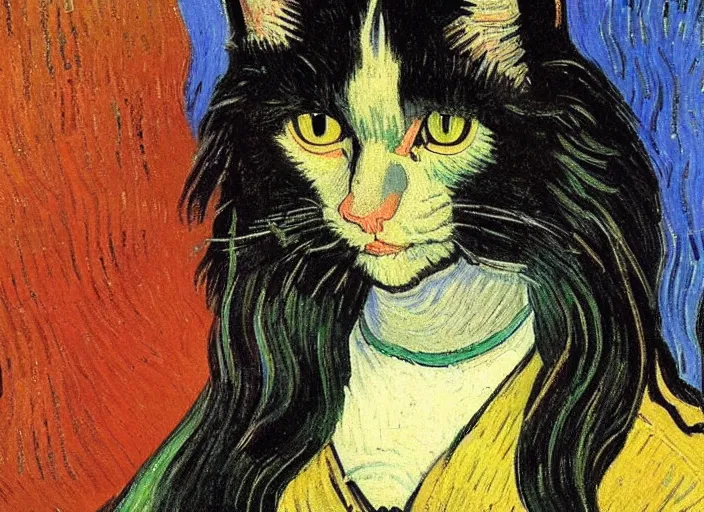 Prompt: a portrait of a black cat with long hair painted by Vincent Van Gogh-H 1024