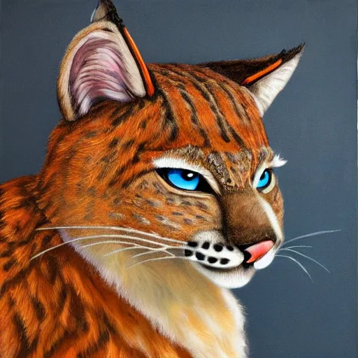 Image similar to orange - furred anthropomorphic bobcat with a light - colored muzzle, stomach, and soles, brown - tufted ears, a short tail with a dark tip, clawed hands, and blue eyes wearing a white t - shirt with a red exclamation mark on it, trending on artstation, detailed, oil on canvas