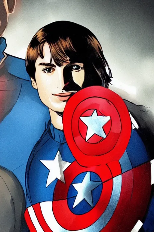 Image similar to Young Steve Jobs as Captain America holding a bitten apple