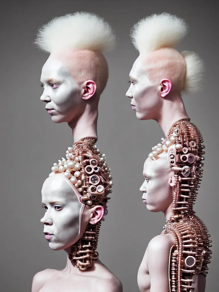 Image similar to portrait of a biomechanical goddess wearing a big pearl studded iridescent beauty mask and pink hair buns, wearing a black bodysuit by alexander mcqueen, cream white background, soft diffused light, biotechnology, humanoid robot, perfectly symmetric, bjork aesthetic, translucent, by rineke dijkstra, intricate details, highly detailed, masterpiece,