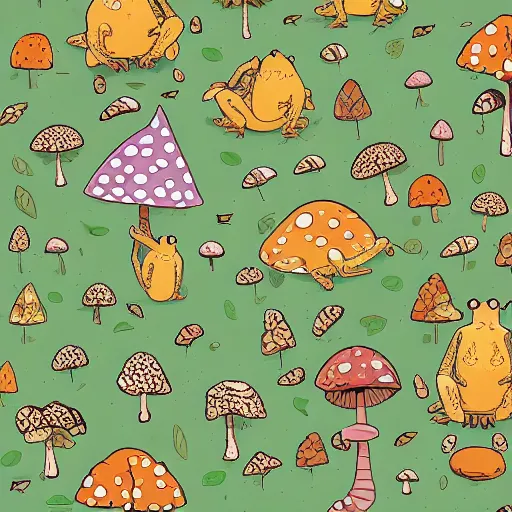 Image similar to repeating pattern of illustrations of cute frogs and mushrooms, woodland autumnal aesthetic, in the style of moebius and studio ghibli