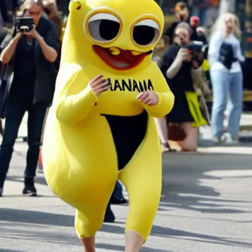 Image similar to emma watson in a banana mascot suit