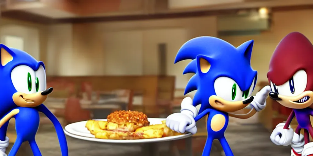 Image similar to A render of Sonic and Shadow sitting across from each other at a restaurant, Sonic looks like he is blushing, Shadow is looking away, they both have hamburgers in front of them on a plate, Blender3D, 3D, HDR, warm lighting.