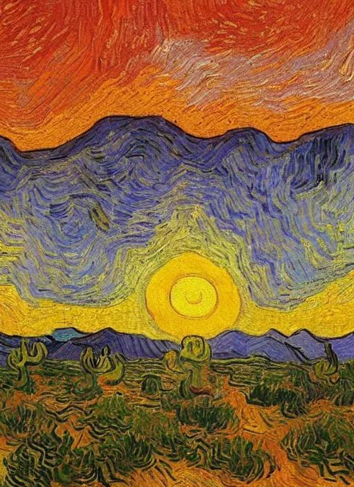 Image similar to high detailed oil painting of sunrise in the desert painted by vincent van gogh