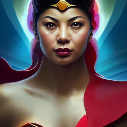 Prompt: angel locsin as darna, volumetric lights, red and cyan theme, art nouveau botanicals, intricate, highly detailed, digital painting, artstation, concept art, smooth, sharp focus, cinematic, illustration, beautiful face, art by artgerm and greg rutkowski and alphonse mucha