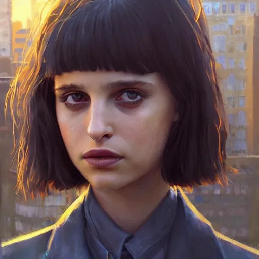 Image similar to closeup portrait of matilda from the movie leon the professional, natalie portman, city background, dramatic light, gorgeous view, depth, high detail, digital art, painted by greg rutkowski and seb mckinnon, by tim burton, trending on artstation