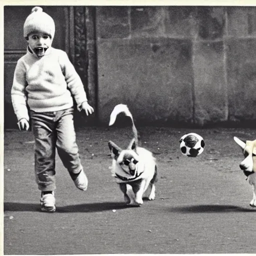 Image similar to book illustration of a french boy on the streets of paris playing football against a corgi, the dog is wearing a polka dot scarf, 1 9 6 6