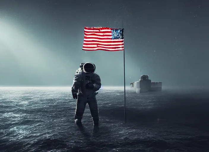 Image similar to astronaut holding a flag in an underwater desert. a submarine is visible in the distance. dark, concept art, cinematic, dramatic, atmospheric, 8 k, trending on artstation, blue, fish, low visibility, light rays, extremely coherent, bubbles, fog, ocean floor, christopher nolan, interstellar