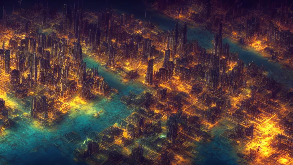 Prompt: photograph of an underwater city at night, 4 k resolution