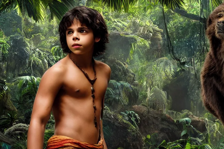 Image similar to young jake t. austin plays mowgli in the live action adaptation of the jungle book, 3 5 mm photography, highly detailed, cinematic lighting, 4 k