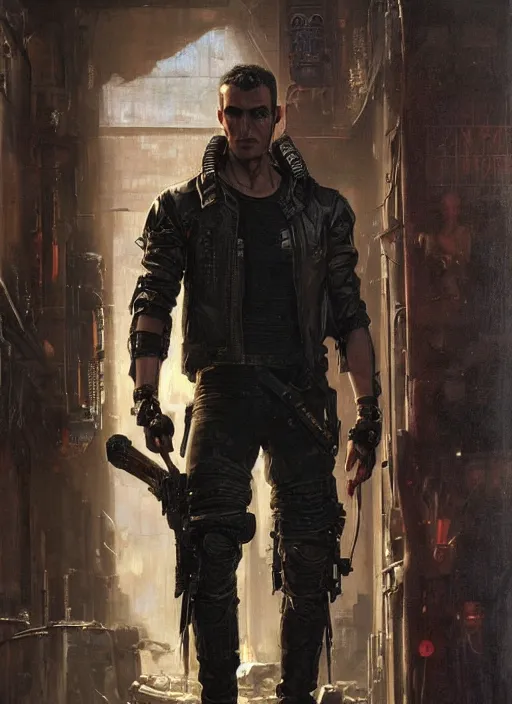 Prompt: frankenstein. cyberpunk mercenary wearing a military vest and combat jumpsuit. (Cyberpunk 2077, bladerunner 2049). Iranian orientalist portrait by john william waterhouse and Edwin Longsden Long and Theodore Ralli and Nasreddine Dinet, oil on canvas. Cinematic, hyper realism, realistic proportions, dramatic lighting, high detail 4k