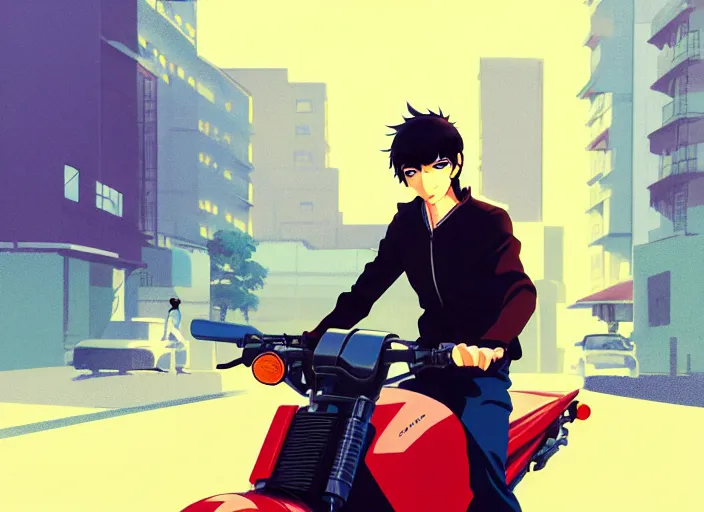 Image similar to anime visual, illustration of a young man riding around town on his new motorbike, handsome face by ilya kuvshinov, yoshinari yoh, makoto shinkai, katsura masakazu, dynamic perspective pose, detailed facial features, kyoani, rounded eyes, crisp and sharp, cel shad, anime poster, ambient light,