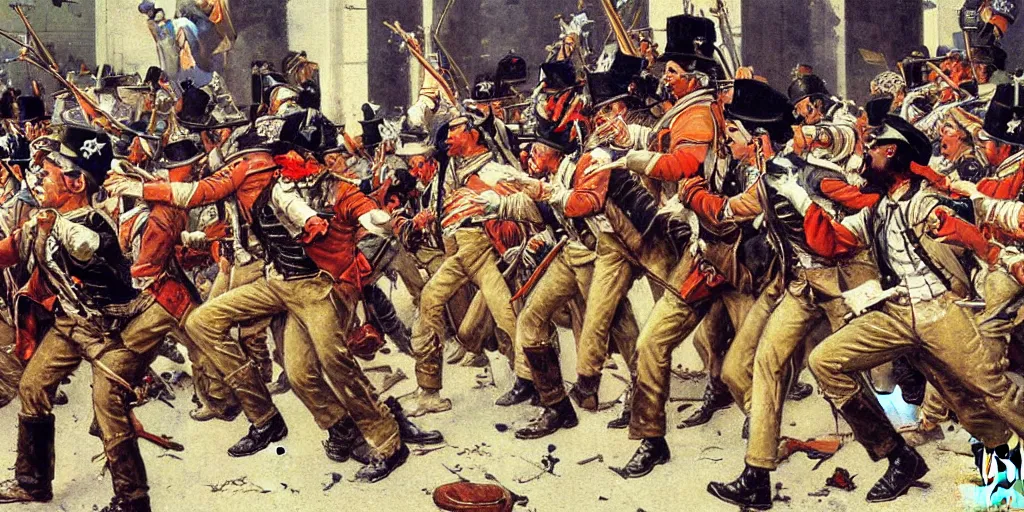 Prompt: detailed painting of the battle of new orleans with dancing soldiers by norman rockwell