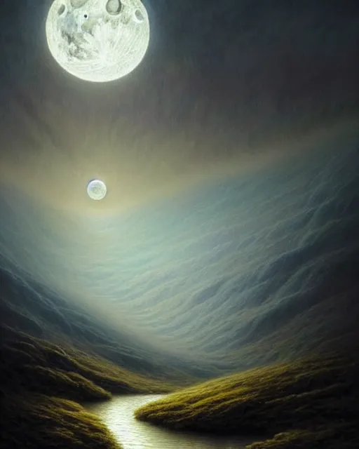 Image similar to a hyper - detailed 3 d render like an oil painting of the moonlit, northern path to the sunlit valley, surrealism!!!!! surreal concept art, lifelike, photorealistic, digital painting, aesthetic, smooth, sharp focus, artstation hd, by greg rutkowski, bruce pennington, valentina remenar, rhads, asher duran,