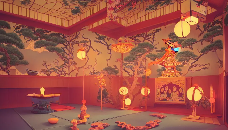 Prompt: Dreamy photo of a very cozy and surreal magical Japanese temple, in the style of Gucci, photographed by Petra Collins and Wes Anderson, glowing lights, magic details, painted by James Jean, very detailed, 8k, cinematic look,