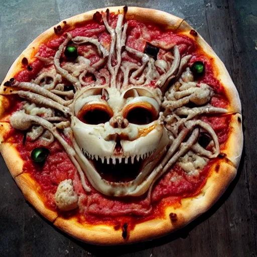 Image similar to pizza in the style of hr giger,