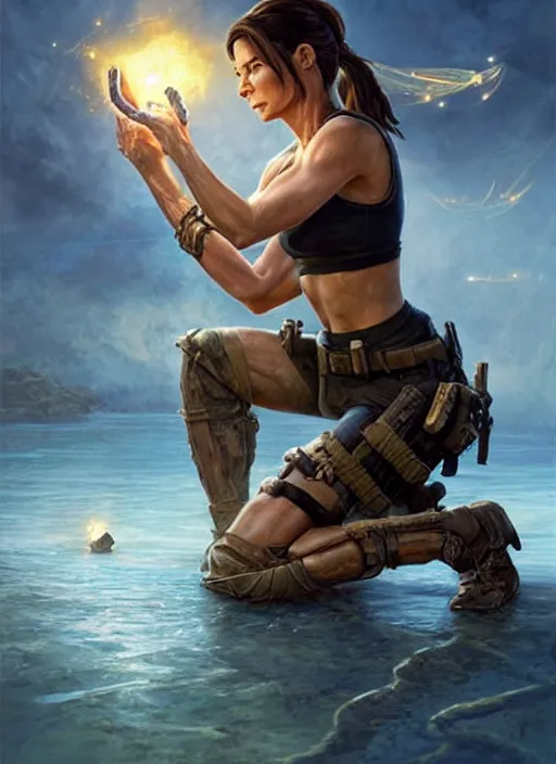 Image similar to Sandra Bullock as Lara Croft as a ruggedly handsome heroine kneeling next to a glowing artifact lodged in shallow water, intricate, elegant, highly detailed, artstation, concept art, smooth, sharp focus, illustration, bokeh art by artgerm and donato giancola and Joseph Christian Leyendecker, WLOP, fireflies