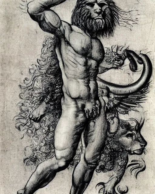 Image similar to human - eagle - lion - ox hybrid. drawn by da vinci