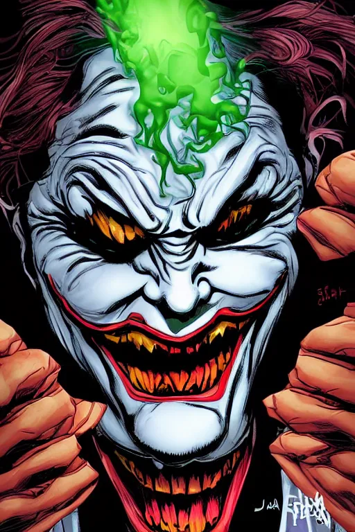 Prompt: angry joker, clenching teeth, with ghost smokes behind, illustration, jason fabok style, fantasy color scheme