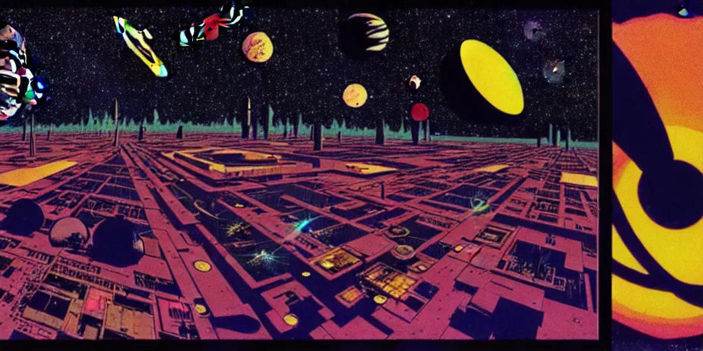 Image similar to cut out collage, low angle shot of a space port at night, retro punk, ink by Frank Miller, cinematography by Jim Jarmusch, composition by Hale Woodruff, soundtrack by Aphex Twin, background by Moebius.