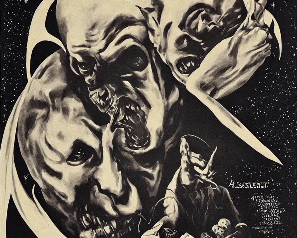 Image similar to a vintage horror movie poster featuring Nosferatu in space