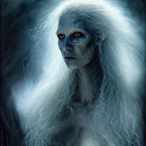 Image similar to head and shoulders portrait of a spectral, ghostly, shadowy wraith portrayed by gwynneth paltrow, d & d, fantasy, luis royo, magali villeneuve, donato giancola, wlop, krenz cushart