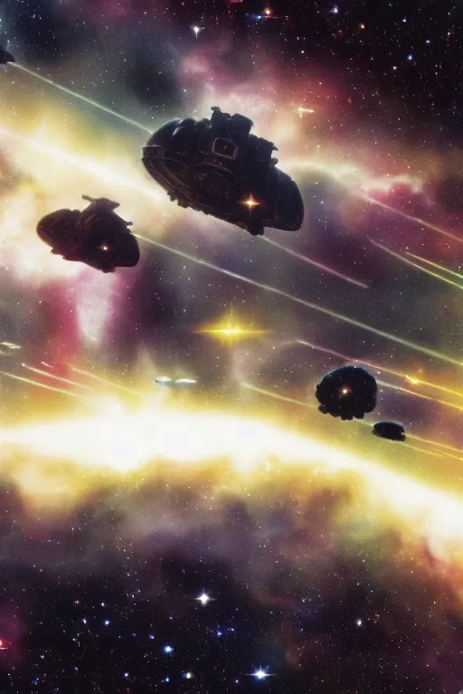 Image similar to hubble photograph of a space marine carrier fleet exiting hyperspace, subdued and unremarkable image