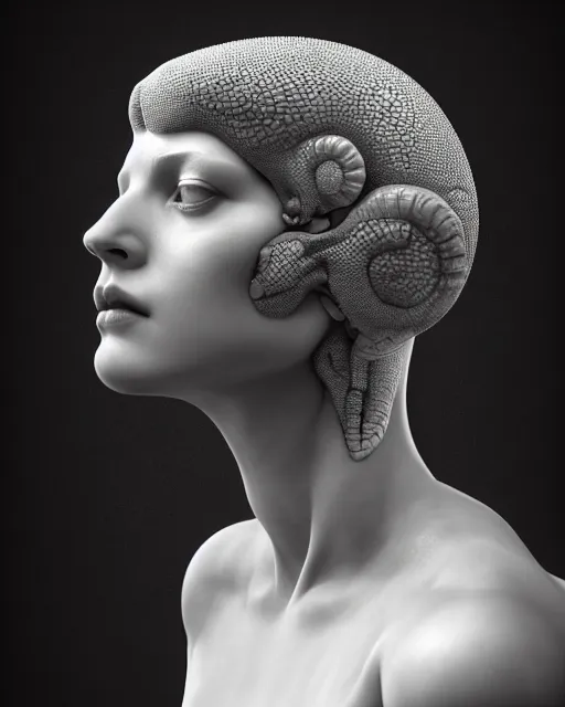 Image similar to dreamy, monochrome, subsurface scattering, white, cyborg goddess in cosmos, black and white, octane render, dino valls, mark ryden, highly detailed, rim light, art, cinematic lighting, very coherent, hyper realism, 8 k