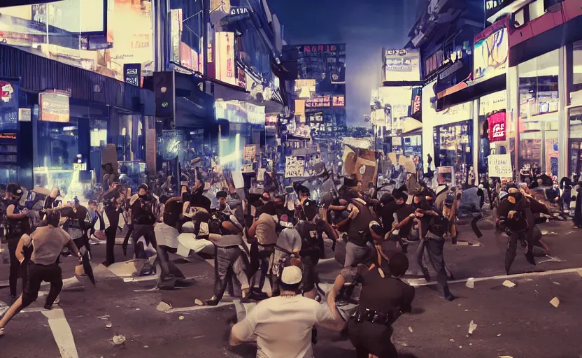 Image similar to crowd of crazy people with placards attacking cops in front of stores in los angeles with light screens all over the street, photorealism, art for the game, professional lighting, night lighting from streetlights, japanese chill photo, concept art