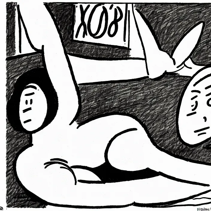 Image similar to a still frame from comic strip, sleeping bird, 1 9 5 0, herluf bidstrup, new yorker illustration, monochrome bw, lineart, manga, tadanori yokoo, simplified,