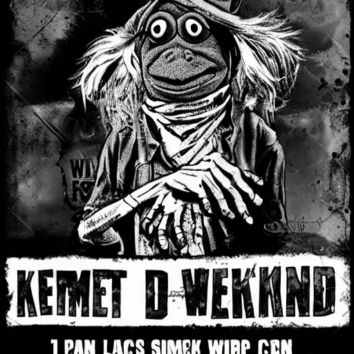 Image similar to a walking dead style poster of Kermit the frog, serious, black and white, dirtied with mud stains, looks like an old wild west wanted poster, realistic